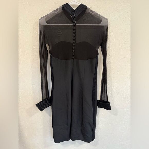 Vera Wang x Neiman Marcus Illusion Mesh Long Sleeve Button Detail Dress, sz 6 - Picture 3 of 5
